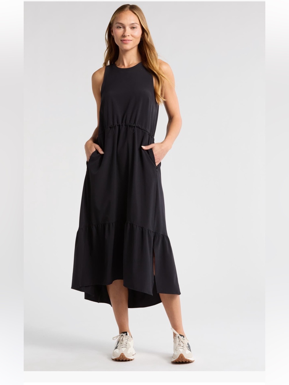 Zella Pursuit Tiered Midi Dress casual comfortable travel black medium NWT